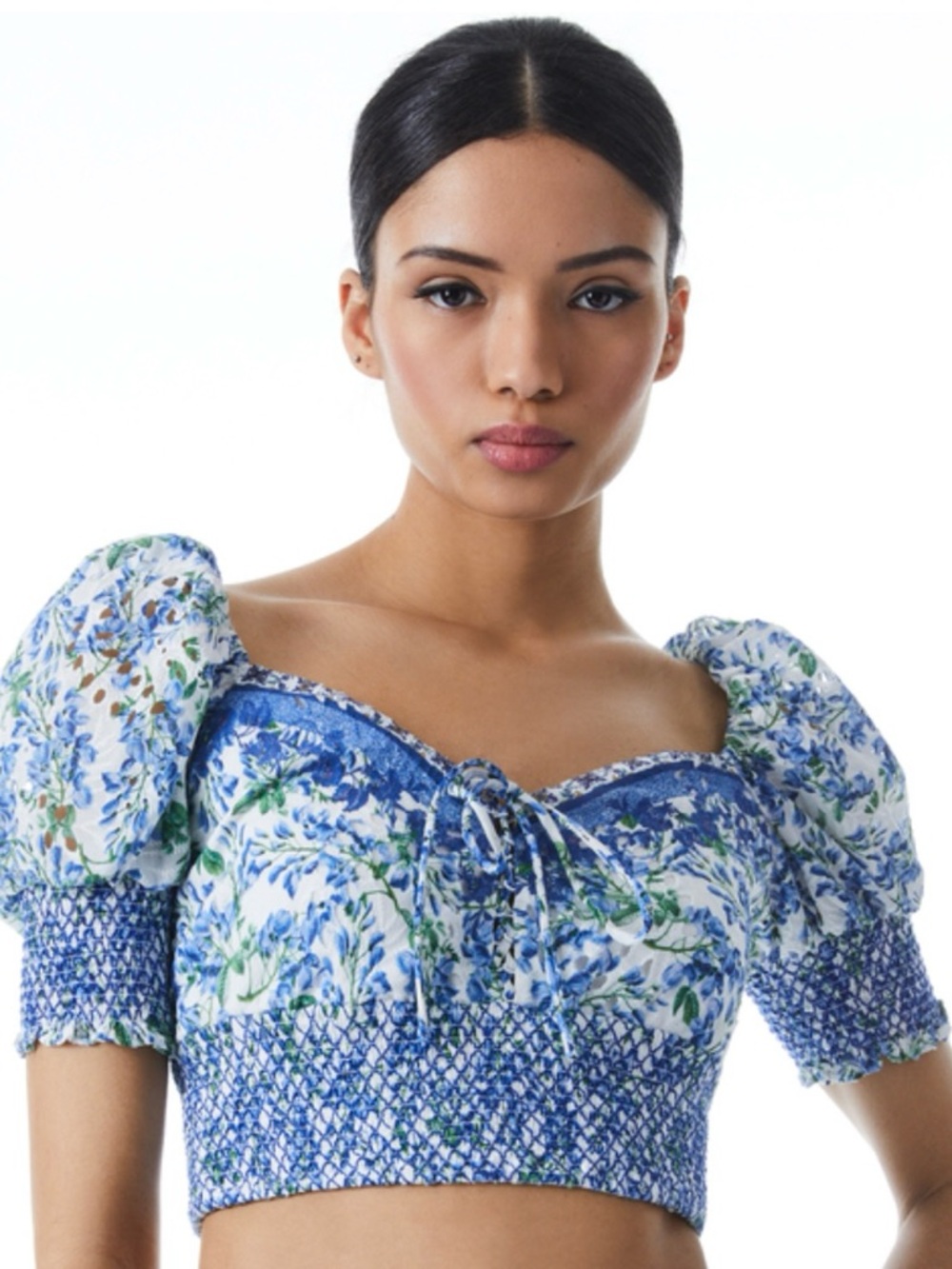 Alice + Olivia Blue and White Floral Puff-Sleeve Crop Top